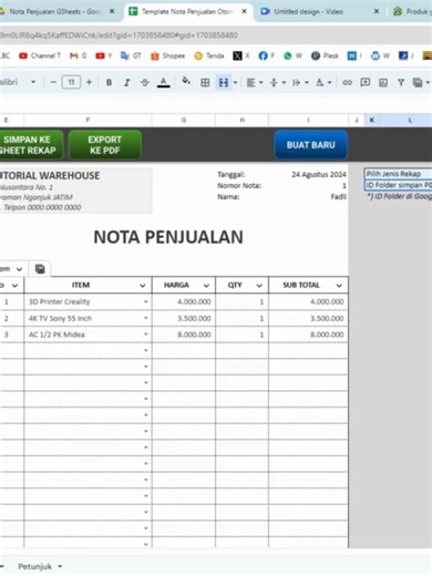 Template Excel PO, Sales Order, Surat Jalan Delivery Order, Invoice Terintegrasi Fitur-fitur: 1.Purchase Order -Cetak Dokumen, Simpan, Print & Export PDF, dan Buat PO Baru -Nomor PO Auto Generate -Rekap Data ke Sheet REKAP PO -Edit PO yang sudah tersimpan 2.Sales Order -Cetak Dokumen, Simpan, Print & Export PDF, dan Buat SO Baru -Nomor SO Auto Generate -Rekap Data ke Sheet REKAP SO -Edit SO yang sudah tersimpan 3.Surat Jalan/Delivery Order -Cetak Dokumen, Simpan, Print & Export PDF, dan Buat SJ/