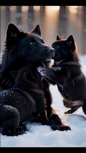 Snow Arctic Wolf and Adorable Pups Playing in First Snowfall – Winter Wildlife