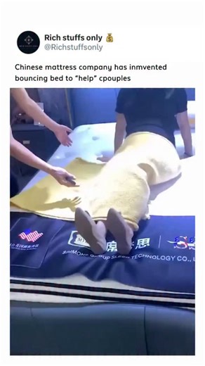 Rich Stuffs Only 👑 on Instagram: "The bed in question, appears to have been created by a company called Simmons Group Sleep Technology Co. Ltd and features a remote control which seems to control the level of bounce. In the clip, the woman can be seen lying down on the bed, while a man - thought to be a sales rep - controls the function via a control. The pair could be seen in heaps of laughter as the bed bounces up and down at a gradually quicker rhythm. It’s not currently clear if the bed is 