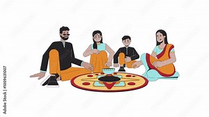 Indian family making diwali rangoli cartoon animation. Deepawali celebration 4K video motion graphic. Decoration art. Happy south asians at home animated 2D characters isolated on white background