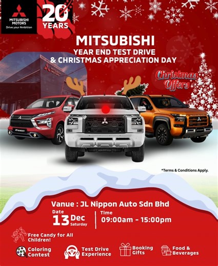 Mitsubishi Miri JL Nippon on Instagram: "🎉 YOU’RE INVITED! 🎉 Get ready for the biggest celebration of the year at JL Nippon Auto Sdn Bhd! 🚗✨ Mitsubishi Year-End Test Drive & Christmas Appreciation Day ✨🎄 Bring your family, bring your friends — everyone is invited! 📅 13 December (Saturday) ⏰ 9:00am – 3:00pm 📍 JL Nippon Auto Sdn Bhd Showroom What’s waiting for you? 🎁 🎨 Fun Coloring Contest for kids 🍭 Free Candy for all children 🚘 Test Drive Experience for all Mitsubishi models 🎁 Booking