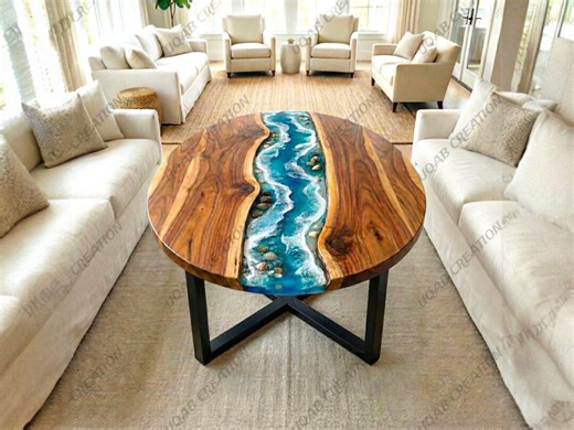 Luxury River Stone Coffee Table: Handmade Wood & Blue Ocean Waves Epoxy Art - Etsy