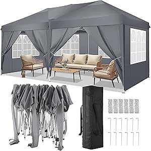 COBIZI 10x20 Pop Up Canopy Tent with 6 Sidewalls Party Tents for Parties Weddings Backyard Waterproof Outdoor Commercial Canopy Event Tent with Stakes, Ropes, Grey