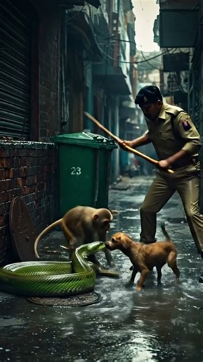 Monkey Saves Puppy From Giant Python in Flooded Alley