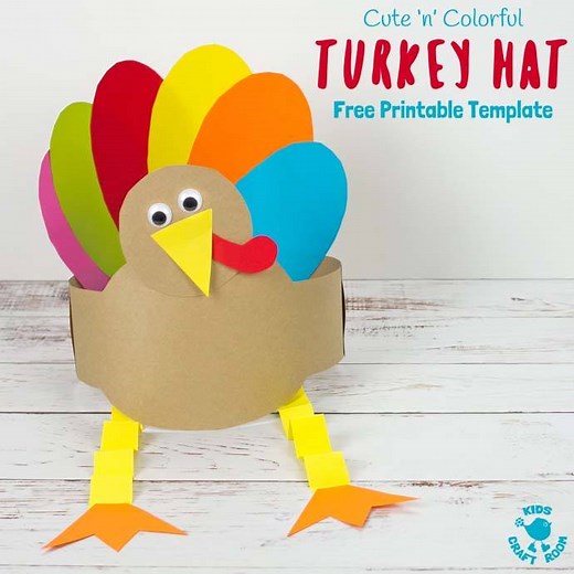 Looking for an easy Thanksgiving craft the whole family can enjoy? These PRINTABLE TURKEY HATS are so cute colourful and fun! Get your printable template here: https://kidscraftroom.com/printable-turkey-hat-craft/ | Kids Craft Room