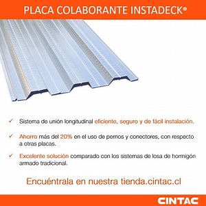 🔸 La placa colaborante Instadeck de Cintac actúa como un moldaje estructural inamobible. ✔ Es un Panel de fácil manejo y rápida instalación. ✔ Su uso significa ahorros en mano de obra. ✔ Minimiza el uso de alzaprimas. ✔ Logra superficies más seguras, que permiten ejecutar trabajos de obra en pisos inferiores. 📌Aplicaciones: Losas colaborantes de cubiertas, entre pisos y altillos de estacionamientos, naves industriales, centros de distribución, galpones, centros comerciales, supermercados, cole