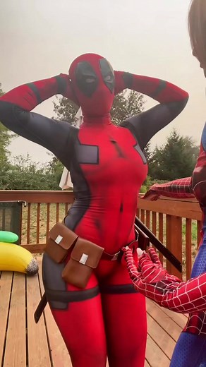 Spider-Man can’t keep me off of him 😘 #cosplay #deadpool #spiderman #fyp