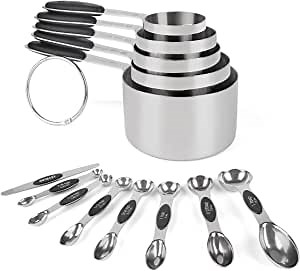 Measuring Cups and Magnetic Measuring Spoons Set, Stainless Steel 5 Cups and 7 Spoons and 1 Levele