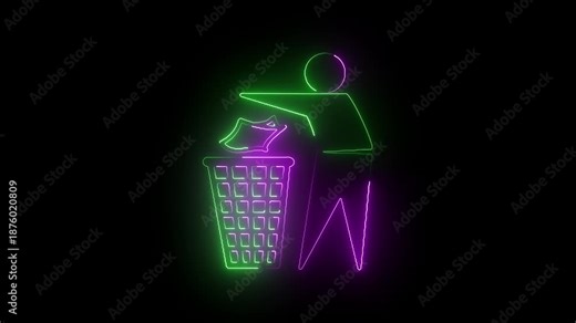 Neon Simple icon of a person discarding waste into a trash can. motion graphic of trash concept . motion video