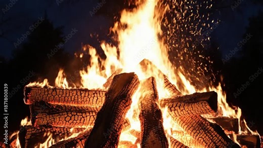 Cinematic slow motion footage of a blazing bonfire with tall orange flames flickering against the dark night sky, emitting glowing sparks and intense thermal energy in high resolution 4K video.