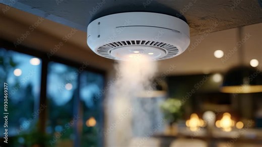 292Macro shot of an emergency smoke detector triggering in a home, LED indicator flashing, thin smoke particles illuminated by ceiling lights, synchronized network of fire alarms visi