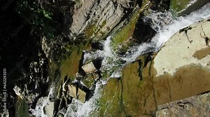 Small river flowing rapidly and vividly through its wild stony valley. Wild hardwood forest accompanies the river along its path. Large dislocated boulders populate the riverbed. Carpathians, Ukraine