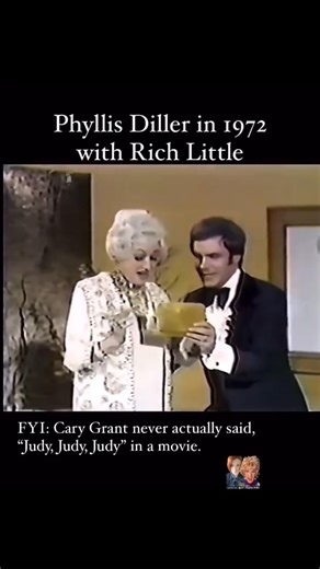 Phyllis Diller on the Julie Andrews show in 1972 in a skit with voice impressionist, Rich Little. Cary Grant was often imitated as saying, “Judy, Judy, Judy…”. However he never actually said that. Phyllis often made a point to say she detested smoking. Her signature cigarette in holder was an attention getting unlit prop that she used prior to wireless mics. Here she clearly did take a puff to get into character. There were other roles she played when acting, seen with a lit cigarette #phyllisdi