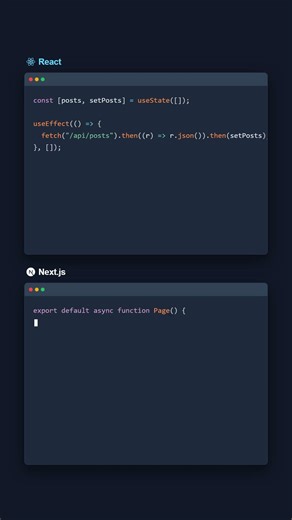 Server Data: React vs Next.js\n\nNext.js simplifies first-load data fetching by letting the page fetch