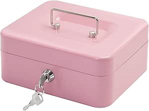Steel Cash Box with Key Lock, Metal Small Money Organizer with Money Tray,Cash Storage Box with Lockable Cover (Pink - 7.8" x 6.3" x 3.3")