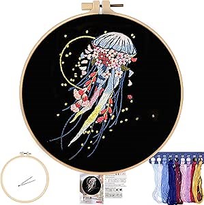 FONNUY Crewel Embroidery Kit for Beginners, Pre-Stamped Pattern Kits for Adults with Hoop, Easy to Follow Color Thread Needlework, 8'' Hoop (Jellyfish A)