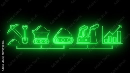 Neon green line icons of construction tools and growth chart on black background with white space