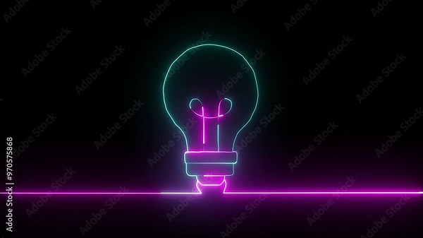 Neon light bulb icon with animation on black background. Energy idea, Electric neon bulb icon and black background. Neon light bulb icon with animation and Innovation concept.