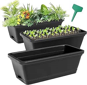 Window Box Planter, 17 Inches 3 Packs Black Rectangular Planters Box with Saucers and 15Pcs Plant Labels, Self-Watering Drainage Holes, Windowsill Decor Outdoor Indoor Plastic Long Pots