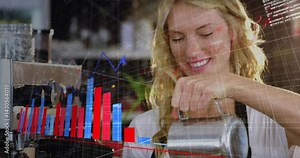 woman barista pouring milk from pitcher into espresso machine in cafe, showing finance bar charts