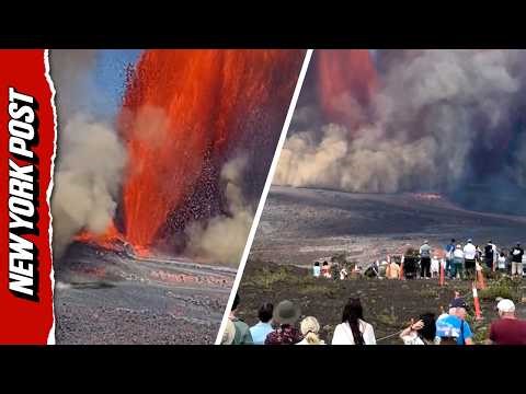 Crowd Gathers to Watch IMMENSE Volcano Eruption Spewing Lava Into the Sky