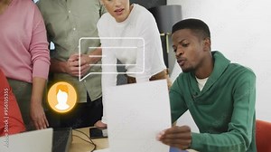 Team discussing documents with chat bubble and user icon animation Stock Video