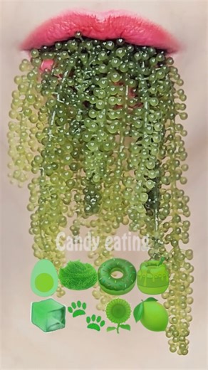 ASMR GREEN EMOJI FOOD sea grape ice kohakuto sprinkle honey jelly mukbang eating sounds