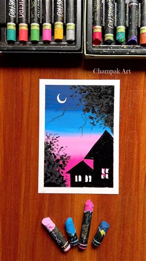 Oil Pastel Night Drawing 🌙 | Relaxing & Easy Art Tutorial #Shorts #youtubeshorts #painting