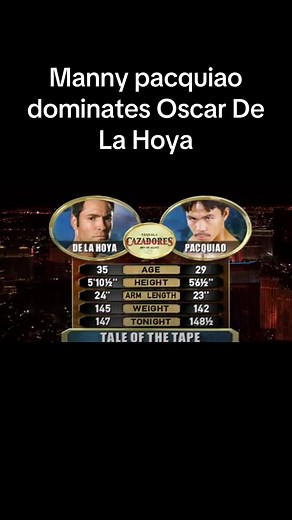 Throwback Thursday: Manny Pacquiao jumps up 2 weight classes and fights Oscar De La Hoya. Pacquiao surprisingly outweighs De La Hoya on fight night and stops De La hoya at the end of the 8th round in a one sided fight #mannypacquiao #oscardelahoya #boxing #tiktokboxing #knockouts #hboboxing