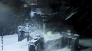 CNC machine taps hole in metal component. Automated drilling process creates intricate part. Metalworking coolant sprays, high-speed milling cutter. Precision engineering, manufacturing.