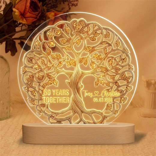 Personalized 50th Anniversary LED Night Light, Golden Tree Keepsake Plaque - Etsy