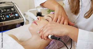 Woman in a spa salon on cosmetic procedures. Beautiful woman receiving facial microcurrent treatment at spa salon. Beautician using electrical impulses for facial procedures.