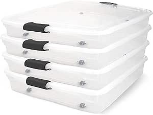 HOMZ 4-Pack Secure Latch, Clear Under Bed Plastic Storage Bins, 56 Quart, Gray Latches - Stackable and Wheeled Organizing Containers for Home, Garage, and Office