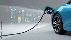 Blue electric car plugged into a charging port, with a futuristic interface displaying data. The display shows battery level and other information