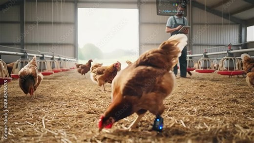 Medium shot of a chicken with a sleek leg band sensor monitoring its health showcasing innovative wearable tech in a farm environment for realtime poultry care.