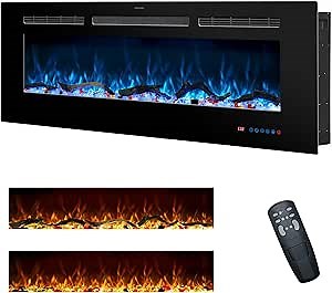 48 Inches Electric Fireplace Inserts, Recessed and Wall Mounted Fireplace Heater for Indoor Use with Remote Control, 13 Color Flames with Log &Crystal, 9H Timer, 750/1500W