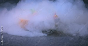 Molecular Cuisine. Prepare Seafood with liquid Nitrogen. Professional kitchen, liquid nitrogen is added during the preparation of molecular dish. King Prawns, Kamchatka King Crab on ice.