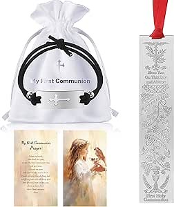 First Communion Gifts Set Include Blessing Metal Bookmark Black Stretch Bracelet with Cross Charm Holy Communion Card with Bag for Boys Girls Christian Religious Present
