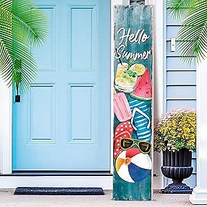 Hello Summer Porch Sign Wooden Summer Sign for Front Porch Vertical Welcome Door Decor Rustic Watermelon Sunglasses Front Decor for Farmhouse Door Decoration 47" H