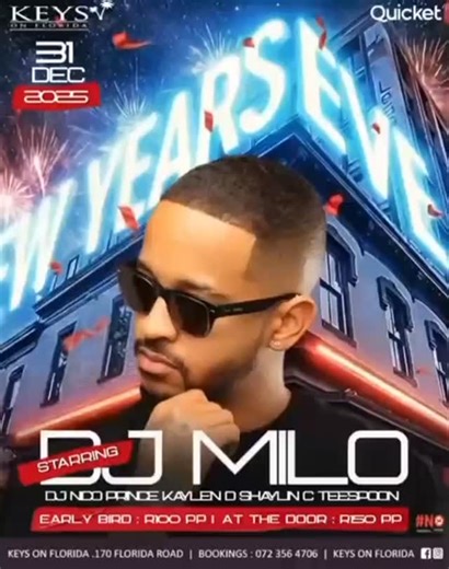 🔥✨ NEW YEAR’S EVE LOADING… ✨🔥 We’re closing the year off the RIGHT WAY 💥 DJ Milo on the decks, setting the tone as we count down to a brand - New Year at Keys On Florida 🕺🏽🍾 Big vibes. Fresh energy. New beginnings. 🎟️ Early Bird tickets are LIVE on Quicket — don’t sleep on it! Secure your spot before they’re gone and let’s welcome the New Year in style 🥂 This New Years Eve we have Milo and champagne 📍170 Florida Road Morningside 🔞 🗓 31st December 2025 🎉 FREE ENTRY BEFORE 8PM 🍽 Kitch