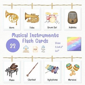 Musical Instruments Flash Cards – 32 Cute Watercolor Printable Cards for Kids