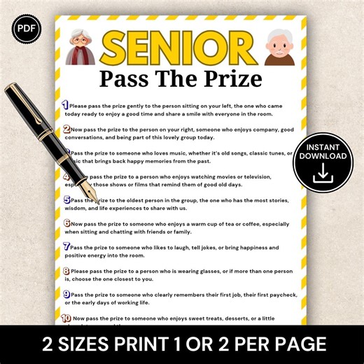 Senior Pass the Gift Game, Easy Party Game for Seniors, Pass the Prize Activity, Senior Center & Retirement Party Game, Printable Fun - Etsy