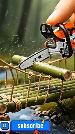 Mini Chainsaw Cutting Bamboo Bridge 🌿 | Satisfying DIY Wood Cutting Tool #youtubeshorts #diytools