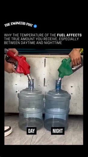 The Engineers Post on Instagram: "The fuel you pump in the heat of the day isn’t quite the same as what you get at night—and it all comes down to basic physics. Fuel expands as it warms and contracts as it cools, causing its density to shift over the course of the day. While the pump always dispenses the same volume, the actual energy contained in that volume changes with temperature. During daytime, higher ambient temperatures warm the fuel in underground tanks and piping, causing it to expand.