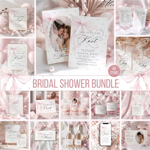 Pink Bow Bridal Shower Bundle, Bow and Pearls Bridal Brunch Invitation Set, Digital She's Tying the Knot Invite, Bridal Party Sign and Game - Etsy