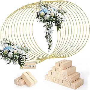 12 PCS 12 Inch Floral Hoop Centerpiece Table Decorations - Gold Wedding Party Centerpieces with Natural Wood Base, Metal Wreath Ring Stand for Balloon and Flower Decoration