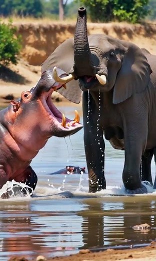 (カバ vs ゾウ：アフリカの水辺で繰り広げられた野生の対決！)