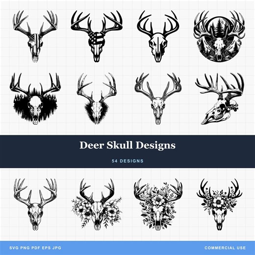Deer Skull Designs SVG & PNG Bundle Laser Engraving or Print. Western, Native, Hunting, American Flag, Flowers, Wild West, Forest, Nature - Etsy