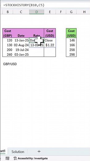 Historic forex rate in a cell in #excel with index & Stockhistory #exceltips
