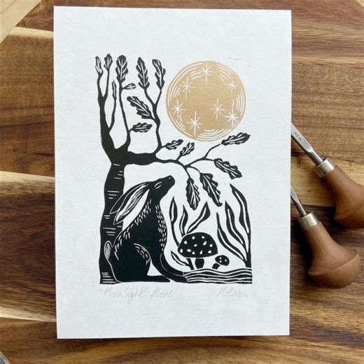 Moonlight Hare Lino Print, Original Handprinted Linocut Art - Etsy UK